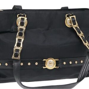 VERSACE BLACK NYLON AND LEATHER SHOPPER TOTE